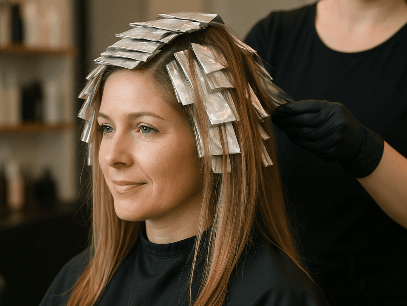 Client having highlights with foils applied in a professional hair salon setting, guided by an experienced stylist.