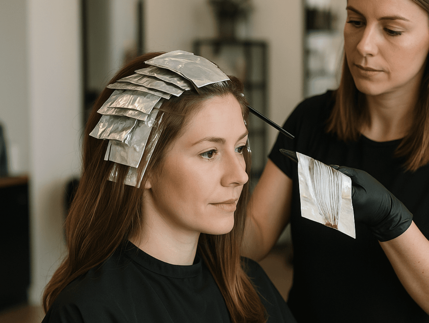 Woman with beautifully blended T-section foil highlights at Michael Todd Hairdressing, East Grinstead — expert root touch-up and top-section blonding in West Sussex