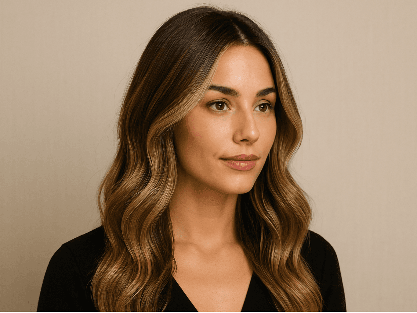 A woman with long, softly waved balayage hair in golden and brunette tones, posing in front of a neutral background in a relaxed, natural style.
